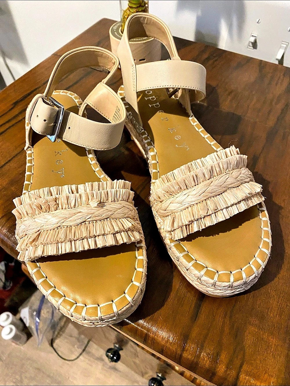 Copper Key Fringe Strap Sandals in Beige
